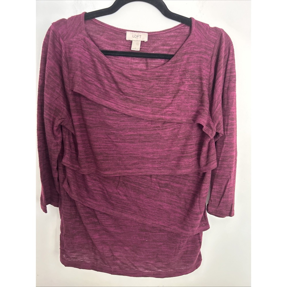 Loft Women's Large Ruffled Plum 3/4 Sleeves Lightweight Pull Over Top